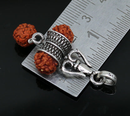 Sterling silver Lord Shiva trident pendant with Rudraksha, oxidized tribal design, ideal for belly dance jewelry and spiritual accessories.