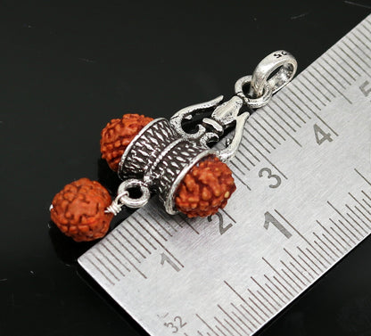 Sterling silver Lord Shiva trident pendant with Rudraksha beads, oxidized tribal belly dance jewelry, handcrafted by TRIBAL ORNAMENTS.