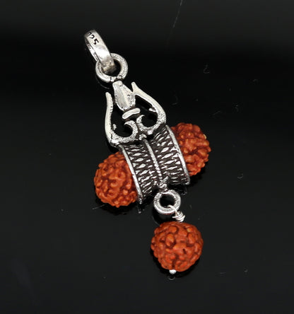 925 sterling silver Lord Shiva trident pendant with Rudraksha, oxidized tribal belly dance jewelry, detailed and handcrafted.