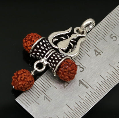925 sterling silver Lord Shiva trident-shaped Rudraksha beads pendant for unisex jewelry by Tribal Ornaments.