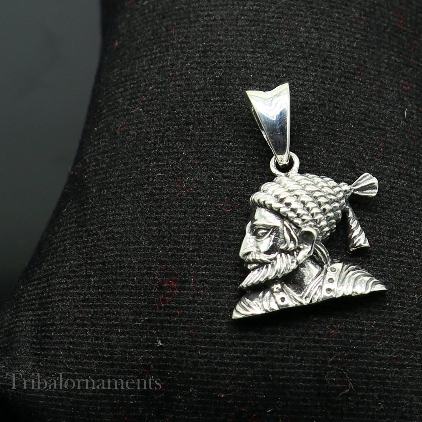 Sterling silver Maratha king Shivaji pendant, unisex royal jewelry featuring detailed Shivaji design by TRIBAL ORNAMENTS.