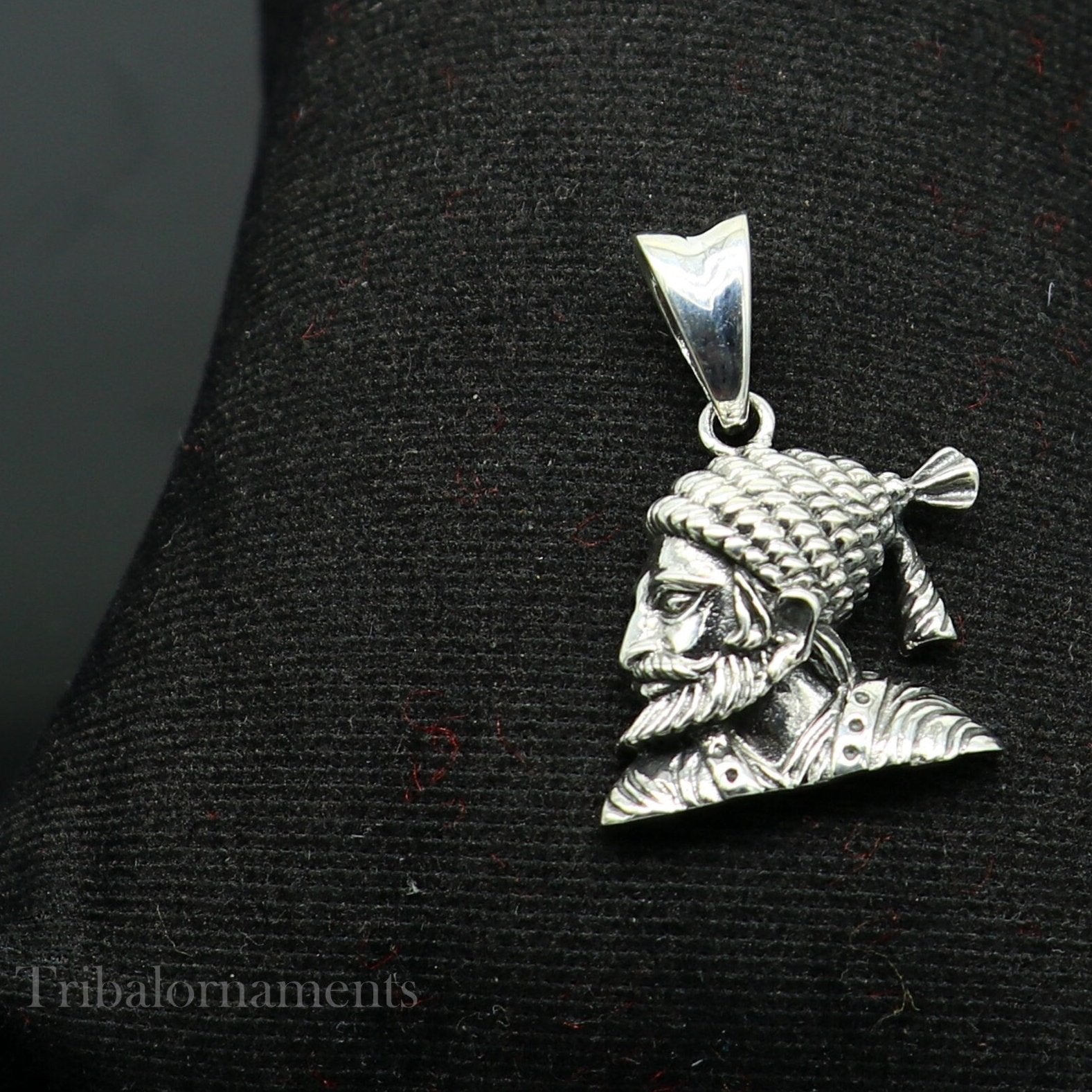 Sterling silver Maratha king Shivaji pendant, unisex royal jewelry featuring detailed Shivaji design by TRIBAL ORNAMENTS.