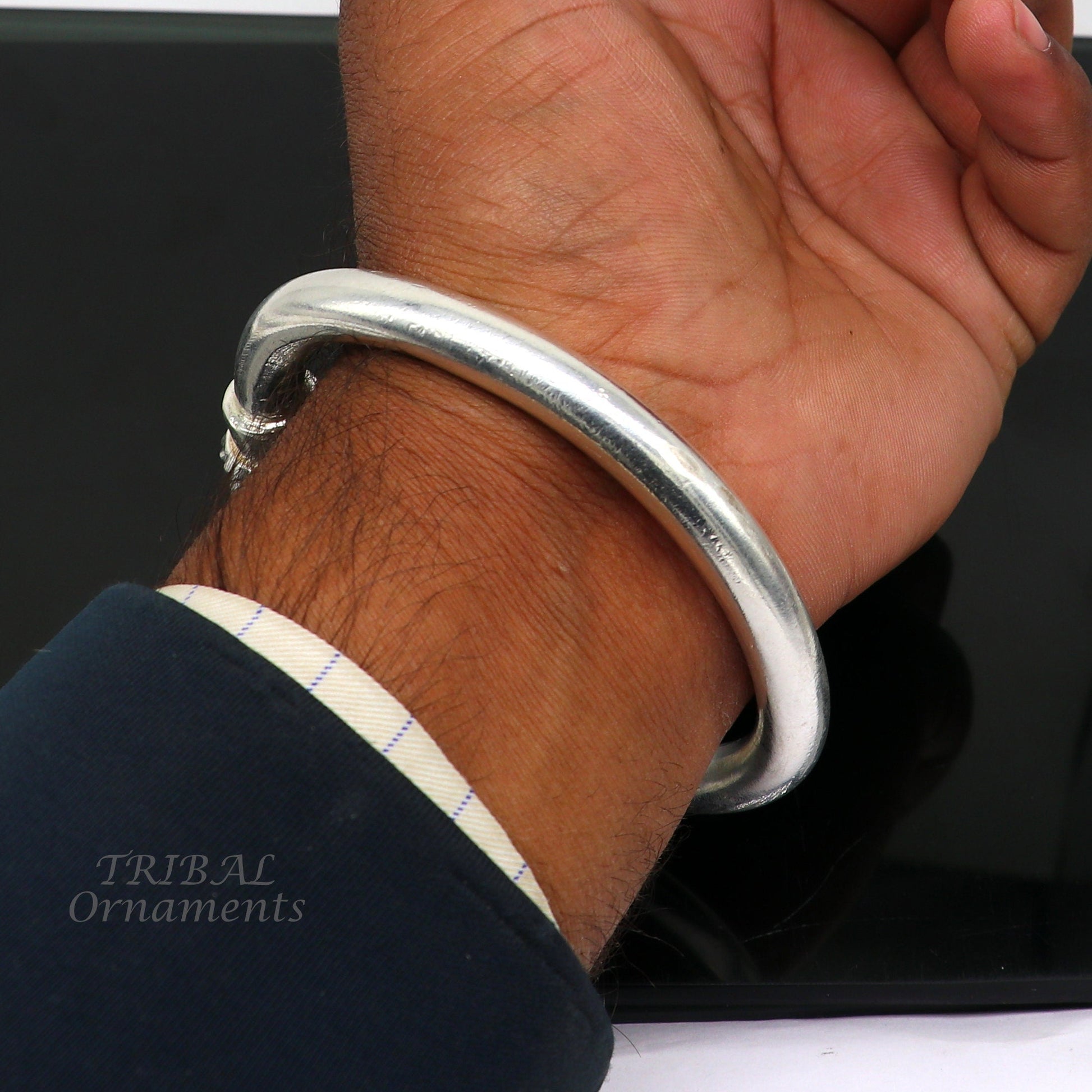 925 sterling silver men's plain bangle bracelet adjustable kada solid tribal design bangle gifting kada nsk569 - TRIBAL ORNAMENTS