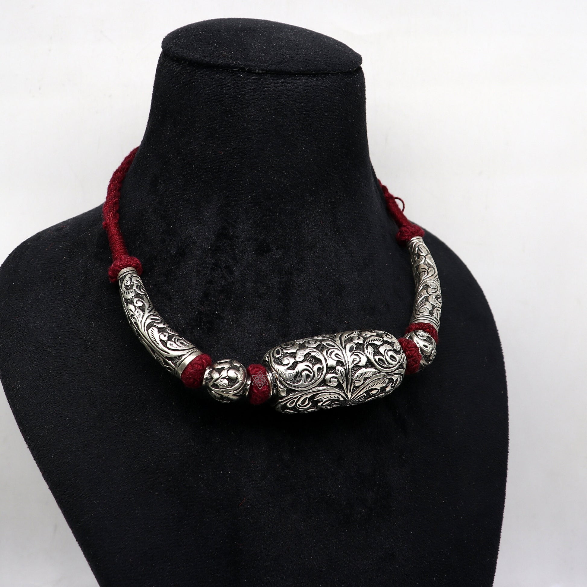 Sterling silver modern beaded necklace by TRIBAL ORNAMENTS, stylish bridal ethnic choker with intricate tribal jewelry design.