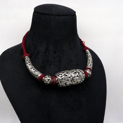 Sterling silver modern beaded necklace by TRIBAL ORNAMENTS, stylish bridal ethnic choker with intricate tribal jewelry design.