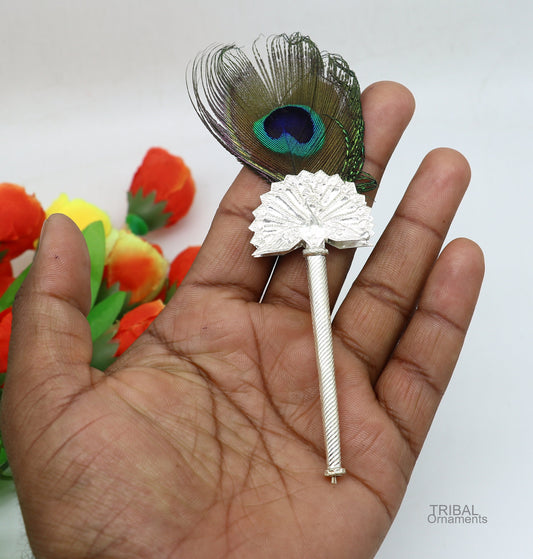925 sterling silver Mor chhadi with peacock feather, Lord Krishna Laddu Gopal gift, silver pankhi and mor chadi, TRIBAL ORNAMENTS