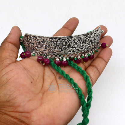 925 sterling silver Nakshi work charm necklace choker showcasing tribal ethnic jewelry with Rajasthan-inspired design by TRIBAL ORNAMENTS.