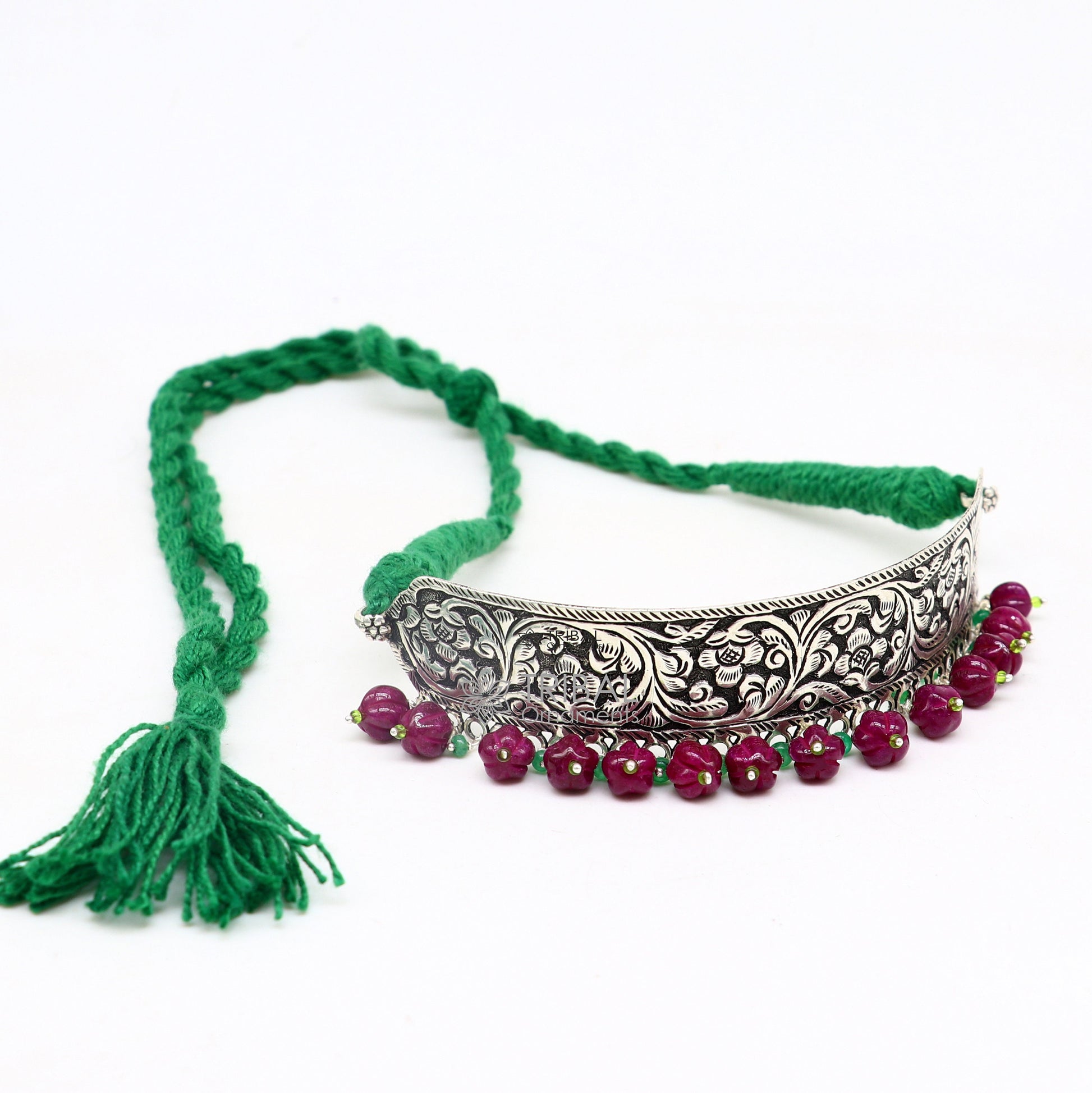 925 sterling silver Nakshi work charm necklace choker with tribal ethnic design showcasing Rajasthan's rich cultural heritage.