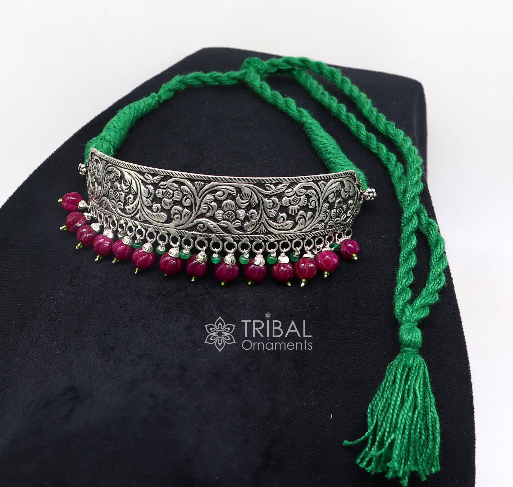925 sterling silver Nakshi work charm necklace choker featuring tribal ethnic jewelry inspired by Rajasthan cultural heritage.