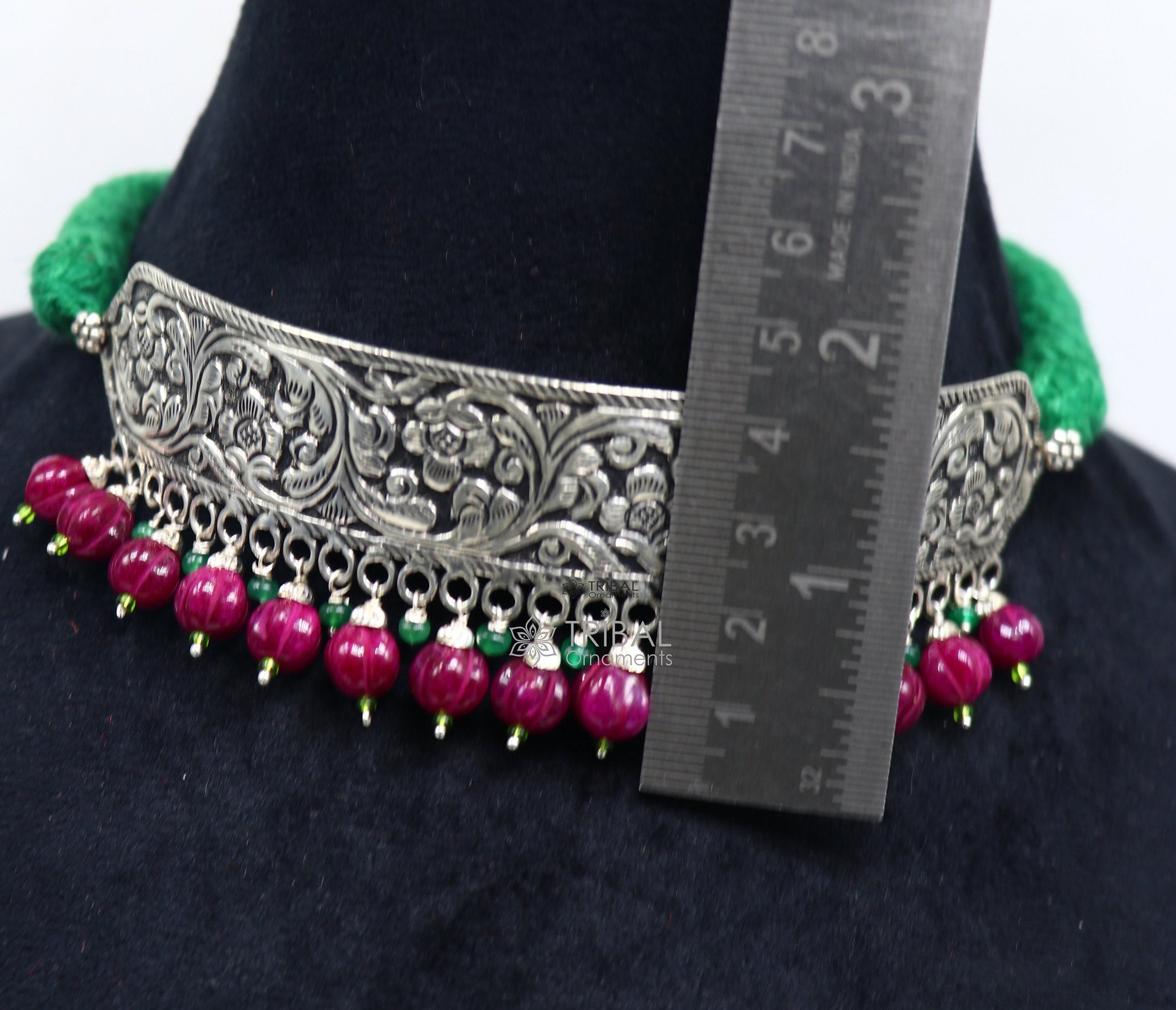 925 sterling silver Nakshi work charm necklace choker, tribal ethnic jewelry inspired by Rajasthan's rich cultural heritage.