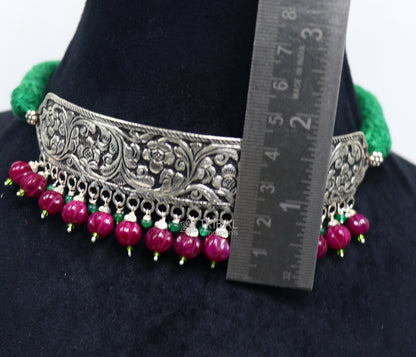 925 sterling silver Nakshi work charm necklace choker, tribal ethnic jewelry inspired by Rajasthan's rich cultural heritage.