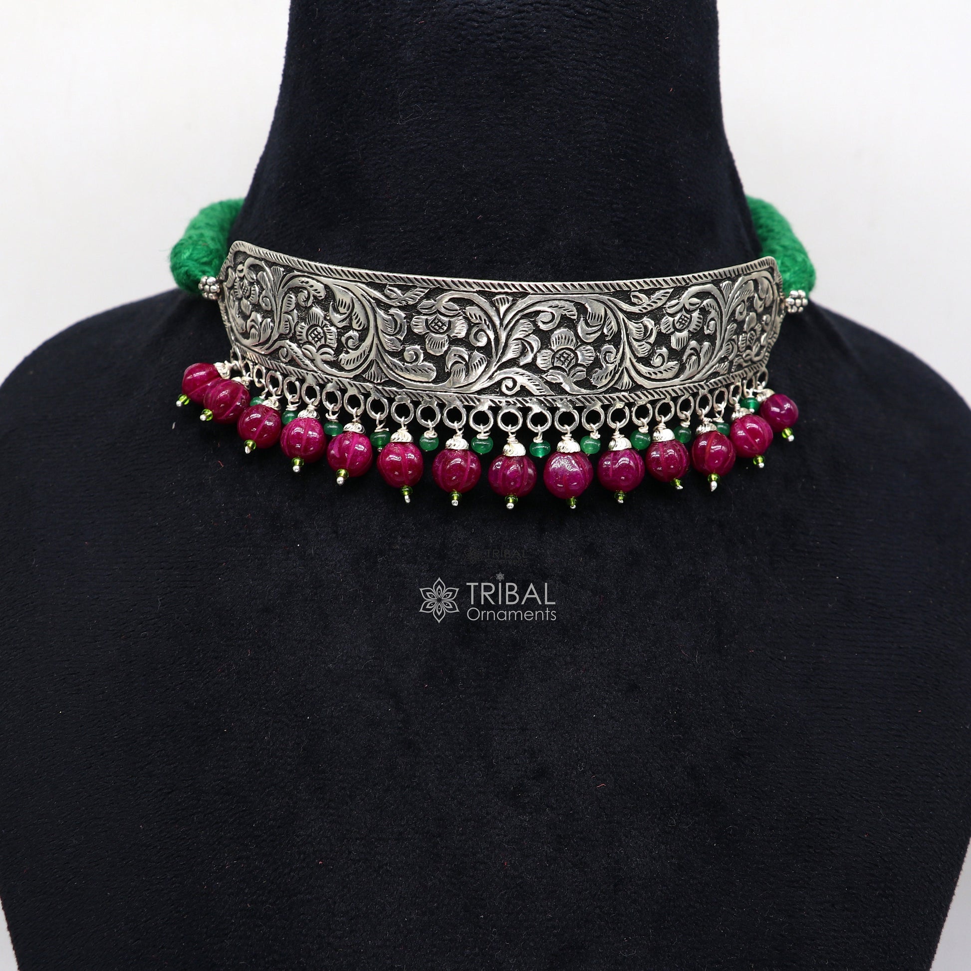 925 sterling silver Nakshi work charm necklace choker featuring tribal ethnic design inspired by Rajasthan cultural heritage.