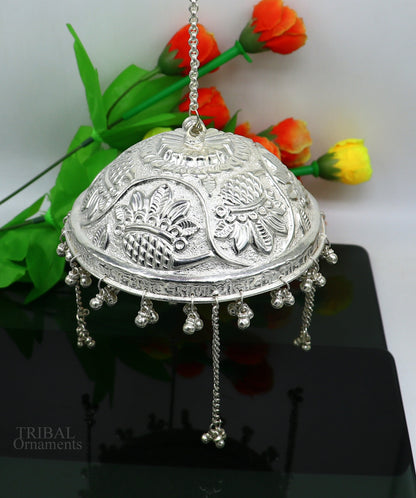 925 sterling silver nakshi work chattar or chhatra depicting temple art and umbrella god, crafted by Tribal Ornaments.