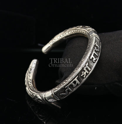 Sterling silver Nakshi work Radha mantra bracelet kada, unisex tribal ethnic jewelry with intricate goddess Radha design.