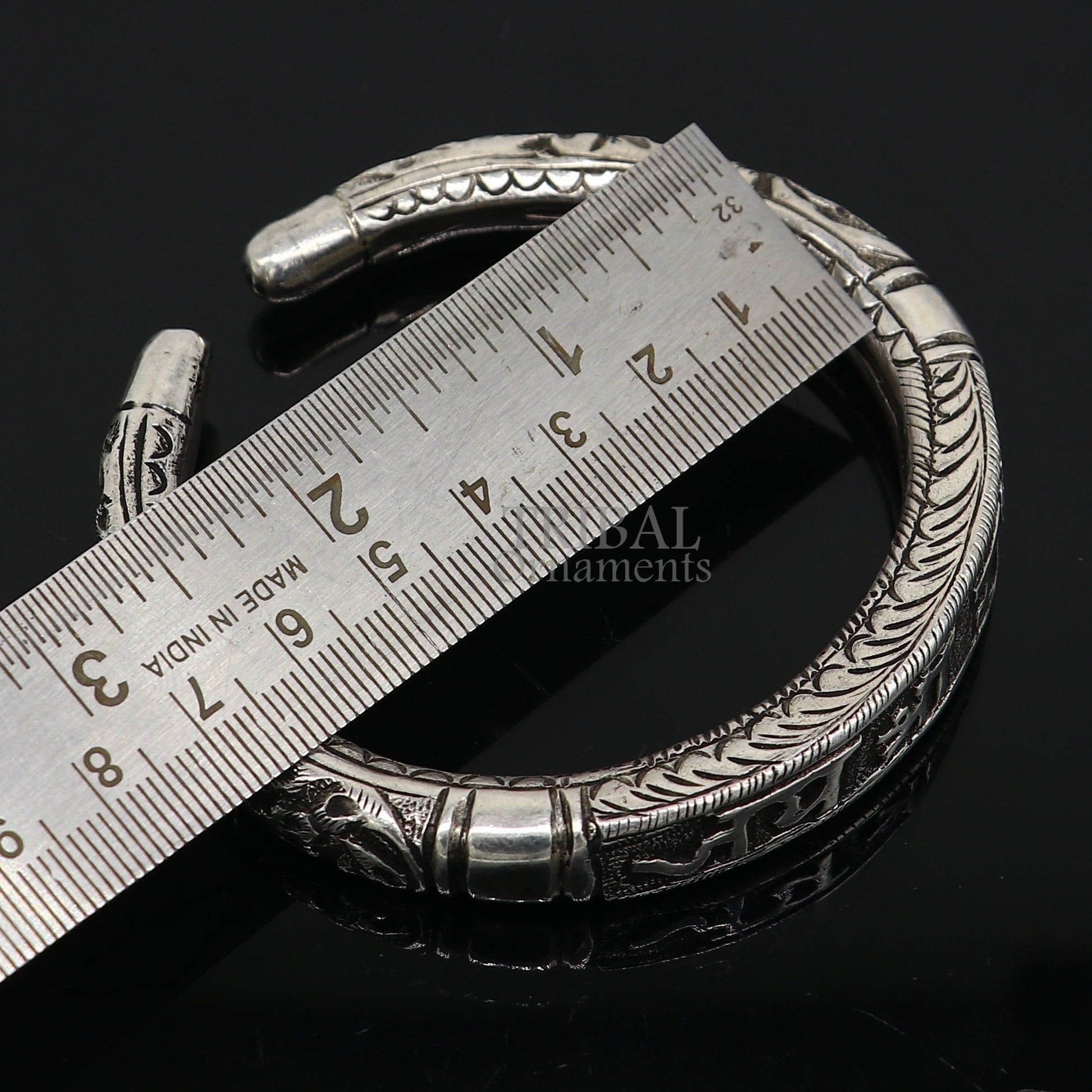 925 Sterling silver handmade Nakshi work "Jai Shree Radhe" Goddess Radha mantra bracelet kada divine unisex tribal ethnic jewelry nsk652 - TRIBAL ORNAMENTS