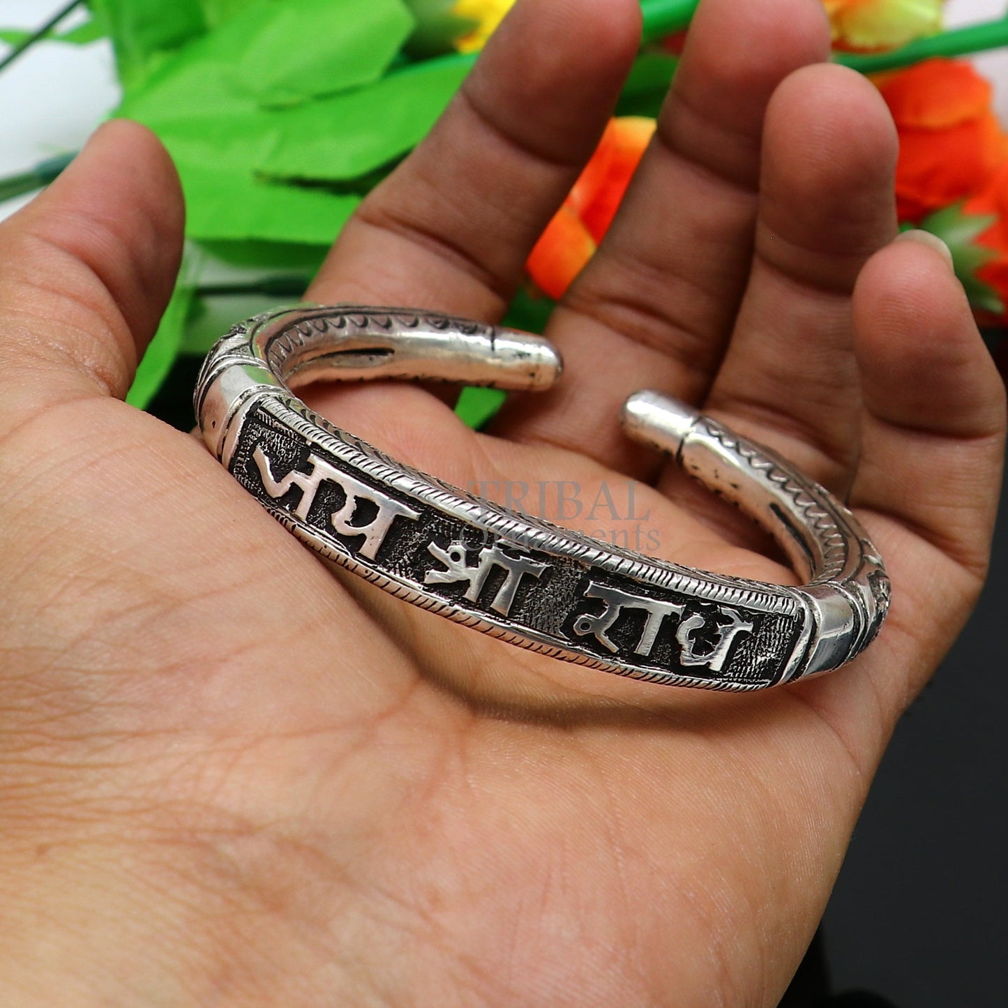 925 Sterling silver handmade Nakshi work "Jai Shree Radhe" Goddess Radha mantra bracelet kada divine unisex tribal ethnic jewelry nsk652 - TRIBAL ORNAMENTS