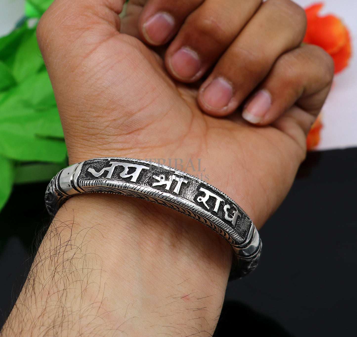 925 Sterling silver handmade Nakshi work "Jai Shree Radhe" Goddess Radha mantra bracelet kada divine unisex tribal ethnic jewelry nsk652 - TRIBAL ORNAMENTS