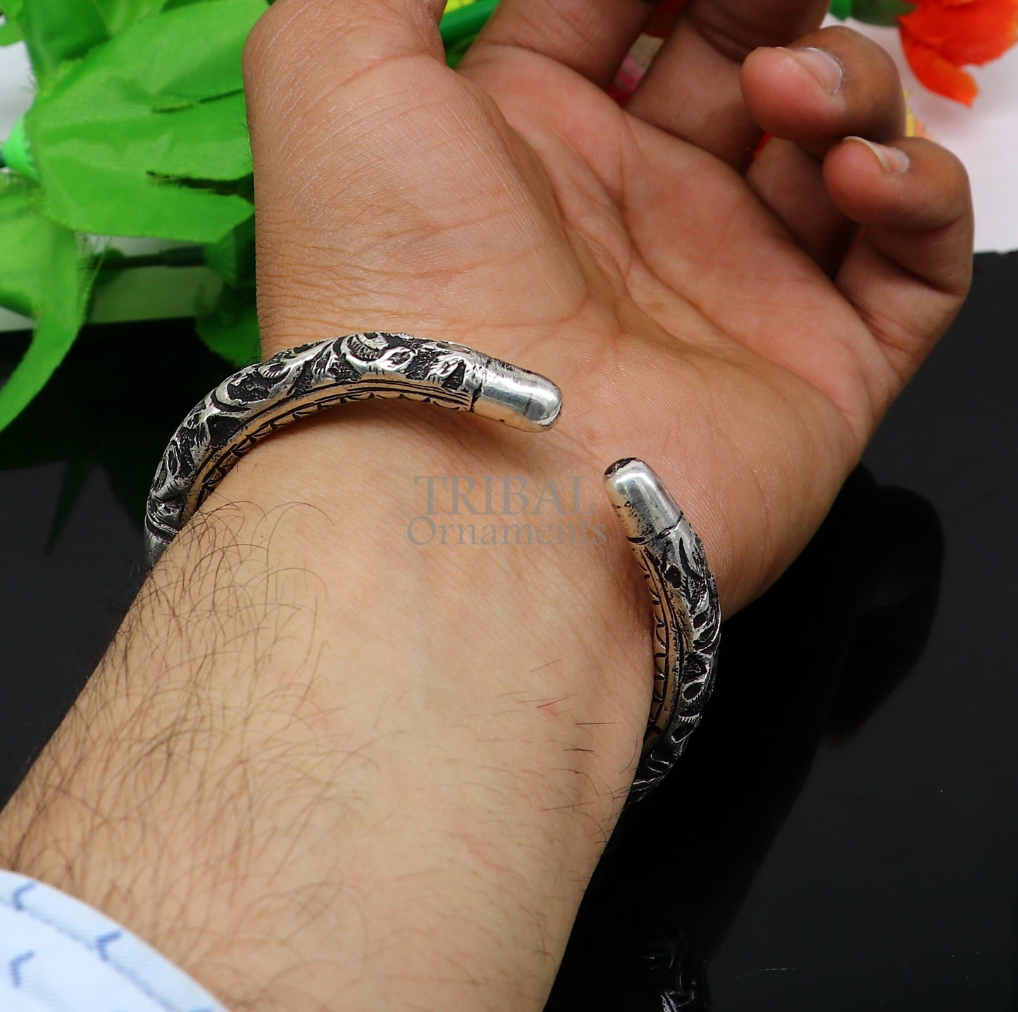 925 Sterling silver handmade Nakshi work "Jai Shree Radhe" Goddess Radha mantra bracelet kada divine unisex tribal ethnic jewelry nsk652 - TRIBAL ORNAMENTS