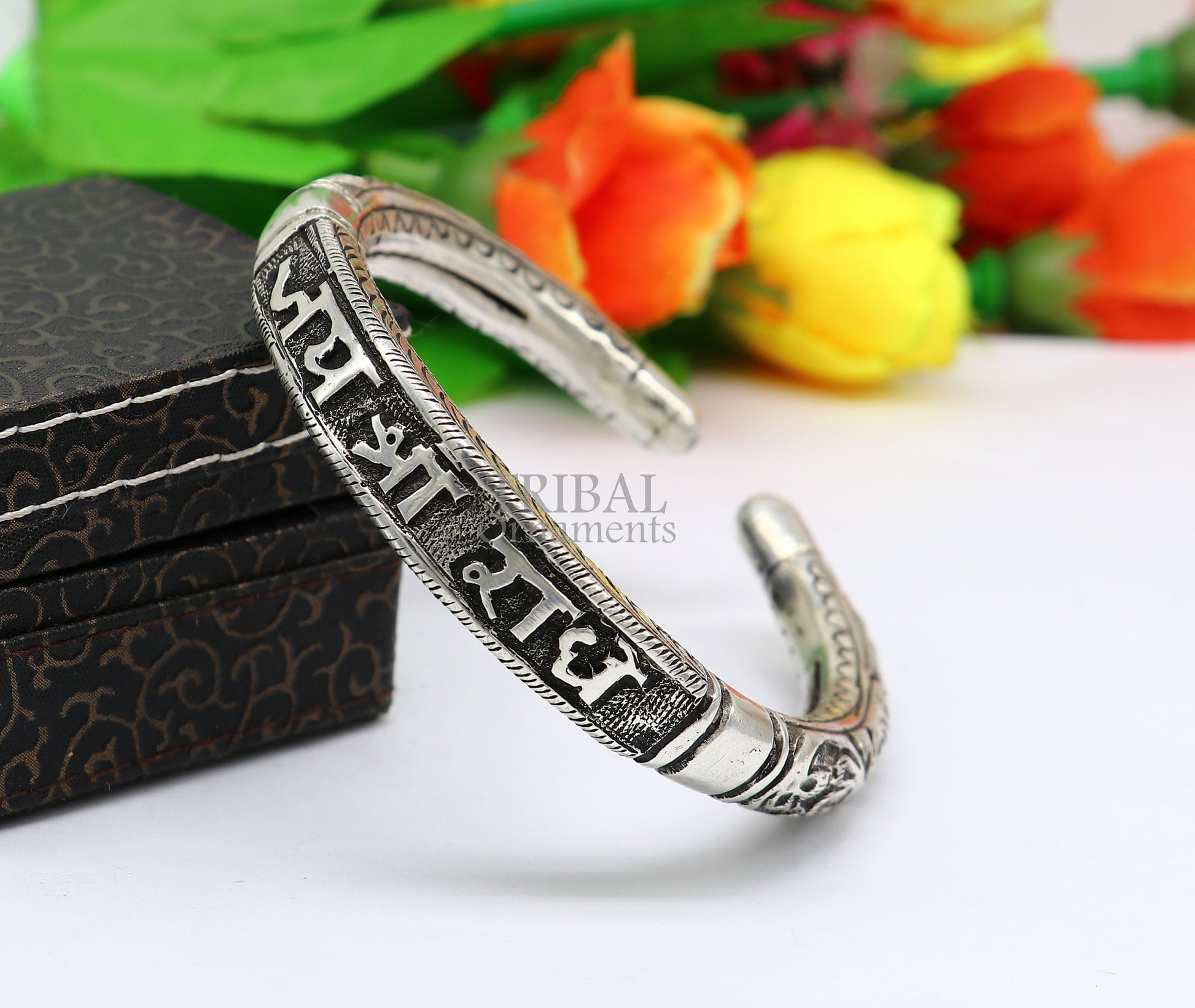 925 Sterling silver handmade Nakshi work "Jai Shree Radhe" Goddess Radha mantra bracelet kada divine unisex tribal ethnic jewelry nsk652 - TRIBAL ORNAMENTS