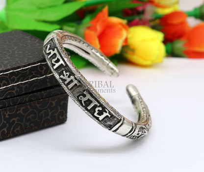 925 Sterling silver Radha mantra bracelet with Nakshi work, unisex tribal ethnic jewelry featuring Goddess Radha design.