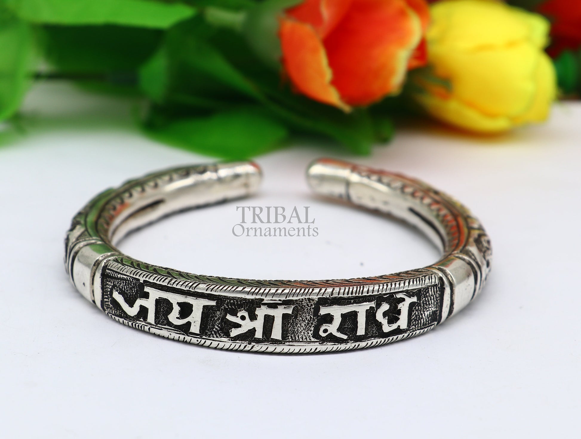 925 Sterling silver handmade Nakshi work "Jai Shree Radhe" Goddess Radha mantra bracelet kada divine unisex tribal ethnic jewelry nsk652 - TRIBAL ORNAMENTS
