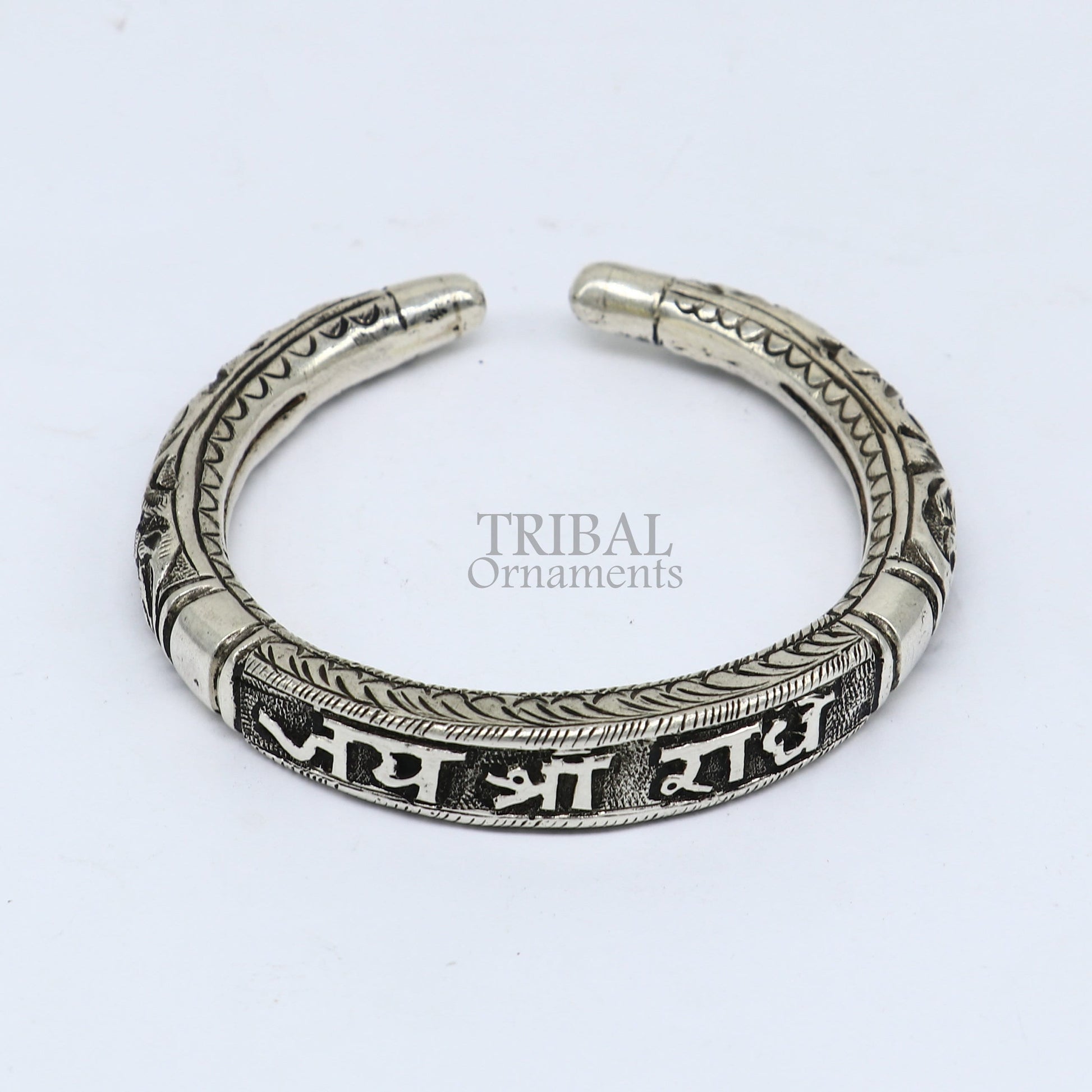 925 Sterling silver handmade Nakshi work "Jai Shree Radhe" Goddess Radha mantra bracelet kada divine unisex tribal ethnic jewelry nsk652 - TRIBAL ORNAMENTS