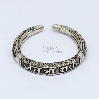 925 Sterling silver Nakshi work Radha mantra bracelet kada featuring tribal, ethnic design with Goddess Radha imagery for unisex wear.