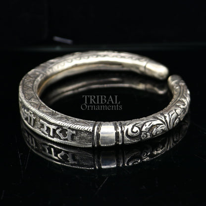 925 Sterling silver handmade Nakshi work "Jai Shree Radhe" Goddess Radha mantra bracelet kada divine unisex tribal ethnic jewelry nsk654 - TRIBAL ORNAMENTS