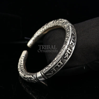 925 Sterling silver handmade Nakshi work "Jai Shree Radhe" Goddess Radha mantra bracelet kada divine unisex tribal ethnic jewelry nsk654 - TRIBAL ORNAMENTS