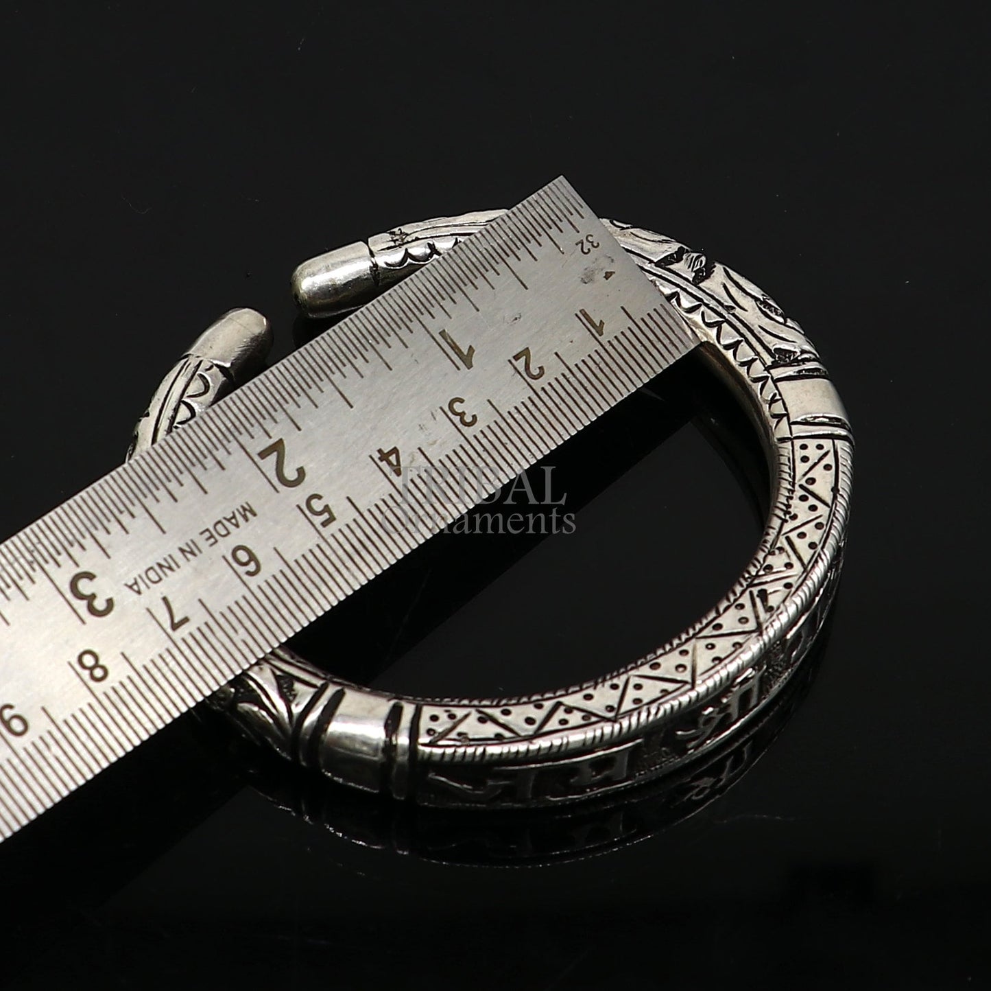 925 Sterling silver handmade Nakshi work "Jai Shree Radhe" Goddess Radha mantra bracelet kada divine unisex tribal ethnic jewelry nsk654 - TRIBAL ORNAMENTS