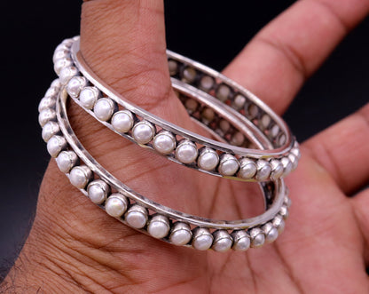 Sterling silver bangle with natural pearl stone, stylish tribal jewelry by TRIBAL ORNAMENTS, customized and handcrafted design