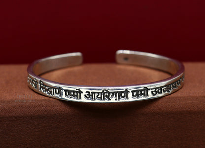 925 Sterling Silver Navkar Mantra cuff bracelet by Tribal Ornaments featuring handmade tribal design and spiritual Jain symbolism.