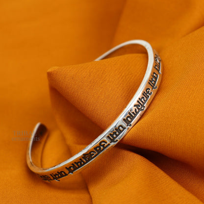 925 Sterling Silver Navkar Mantra cuff bracelet with tribal design, unisex handmade Jain spiritual jewelry, bangle style.
