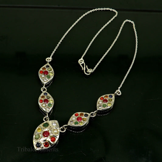 Sterling silver Navratan stone handmade necklace featuring tribal ethnic design, perfect for belly dance or traditional jewelry styles.
