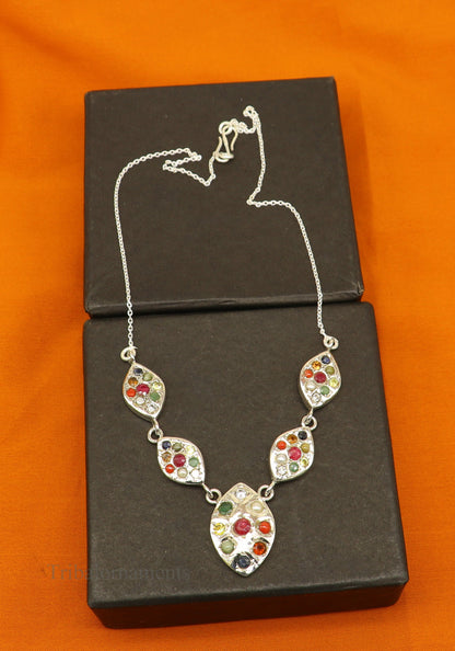 Sterling silver Navratan stone necklace with tribal ethnic design, handmade belly dance choker jewelry by TRIBAL ORNAMENTS.
