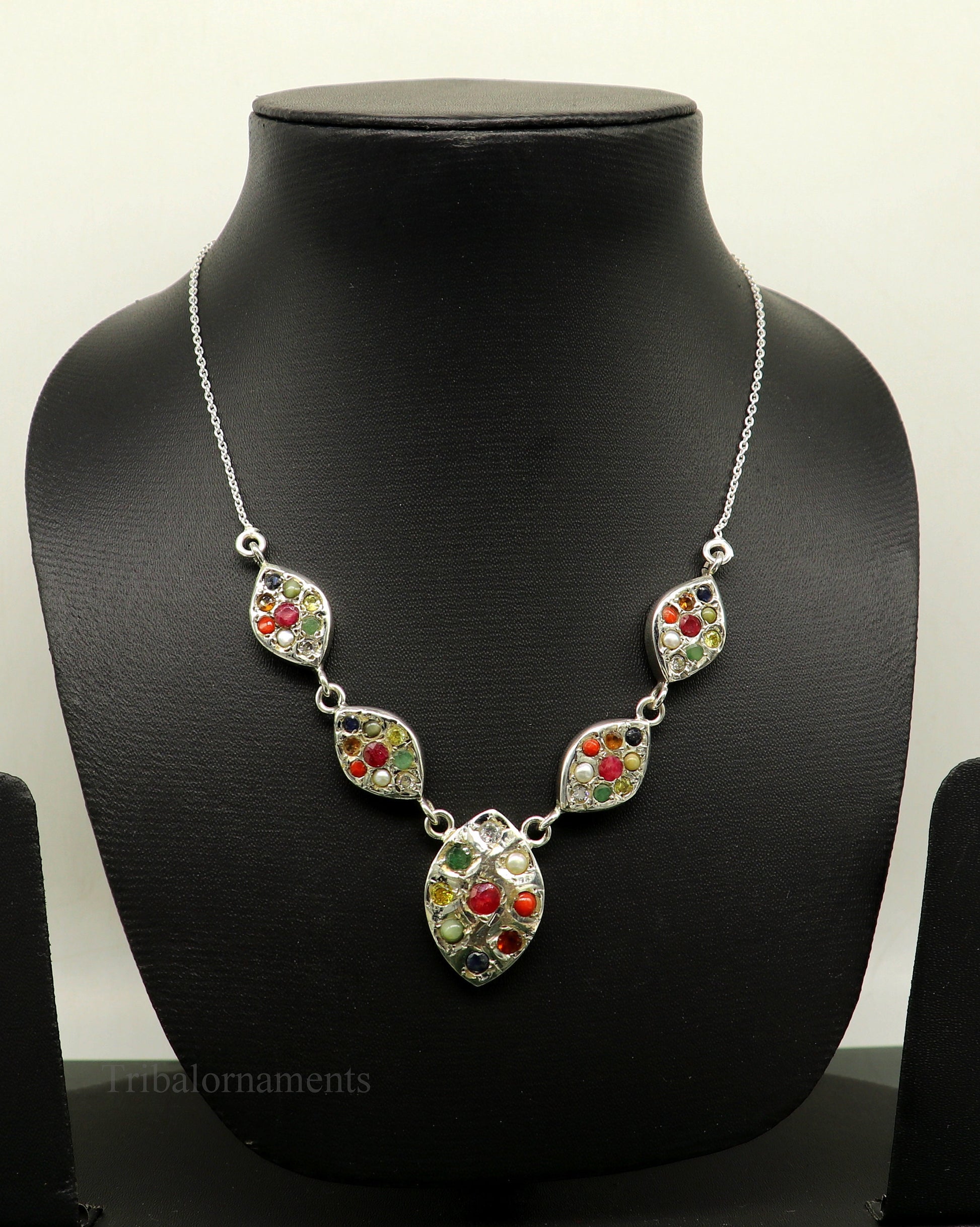 925 sterling silver Navratan stone handmade stylish design necklace, best gifting tribal ethnic jewelry  belly dance choker jewelry nec259 - TRIBAL ORNAMENTS
