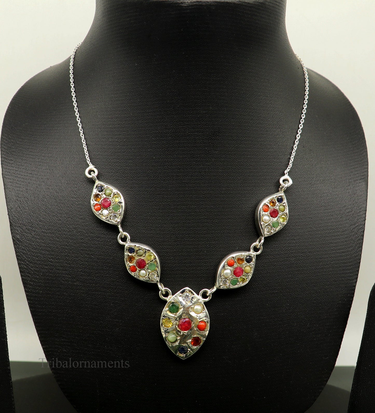 925 sterling silver Navratan stone handmade stylish design necklace, best gifting tribal ethnic jewelry  belly dance choker jewelry nec259 - TRIBAL ORNAMENTS
