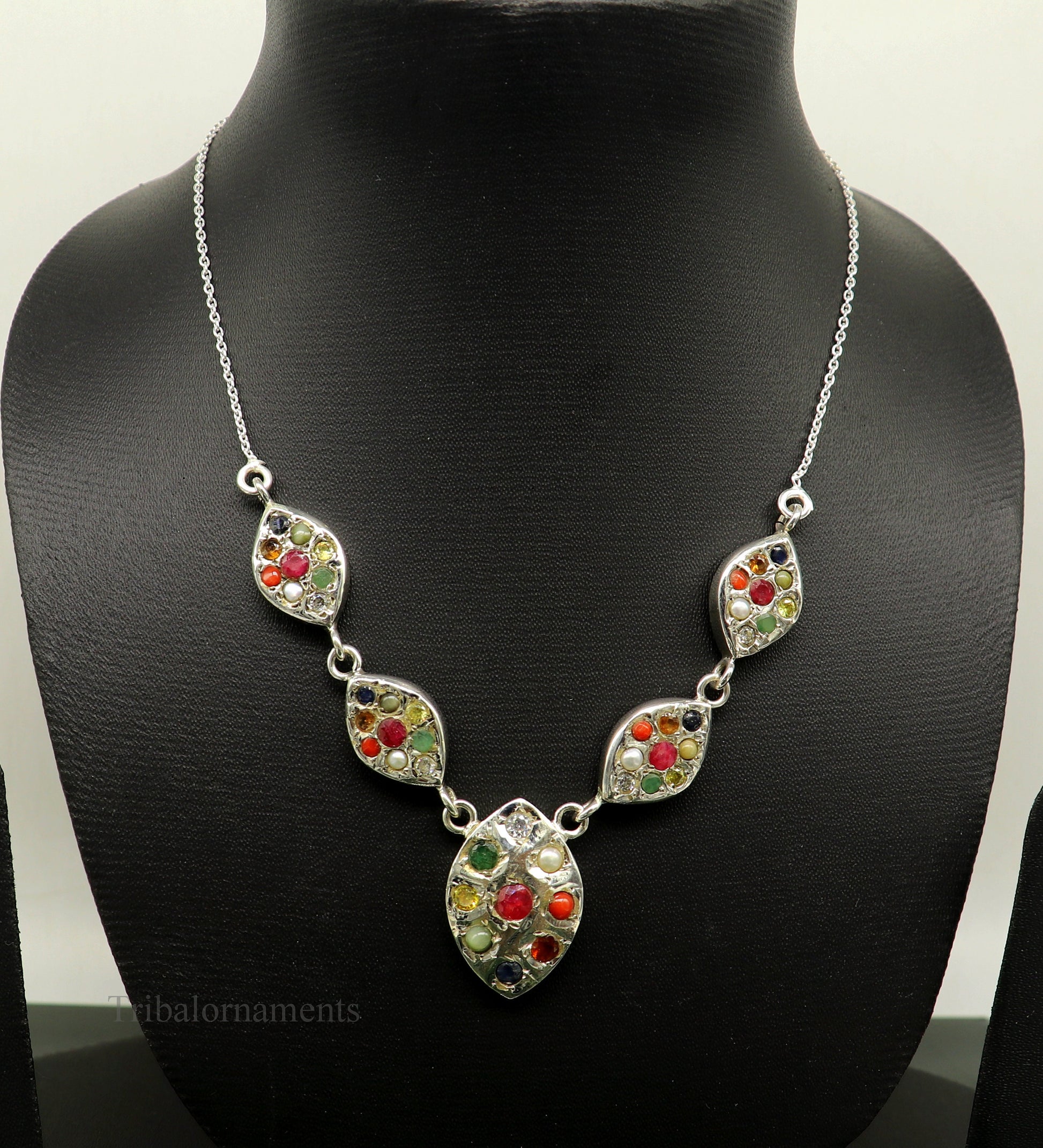 925 sterling silver Navratan stone handmade stylish design necklace, best gifting tribal ethnic jewelry  belly dance choker jewelry nec259 - TRIBAL ORNAMENTS