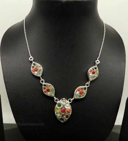 Sterling silver Navratan stone necklace with handmade tribal design, perfect for ethnic jewelry and belly dance accessories.