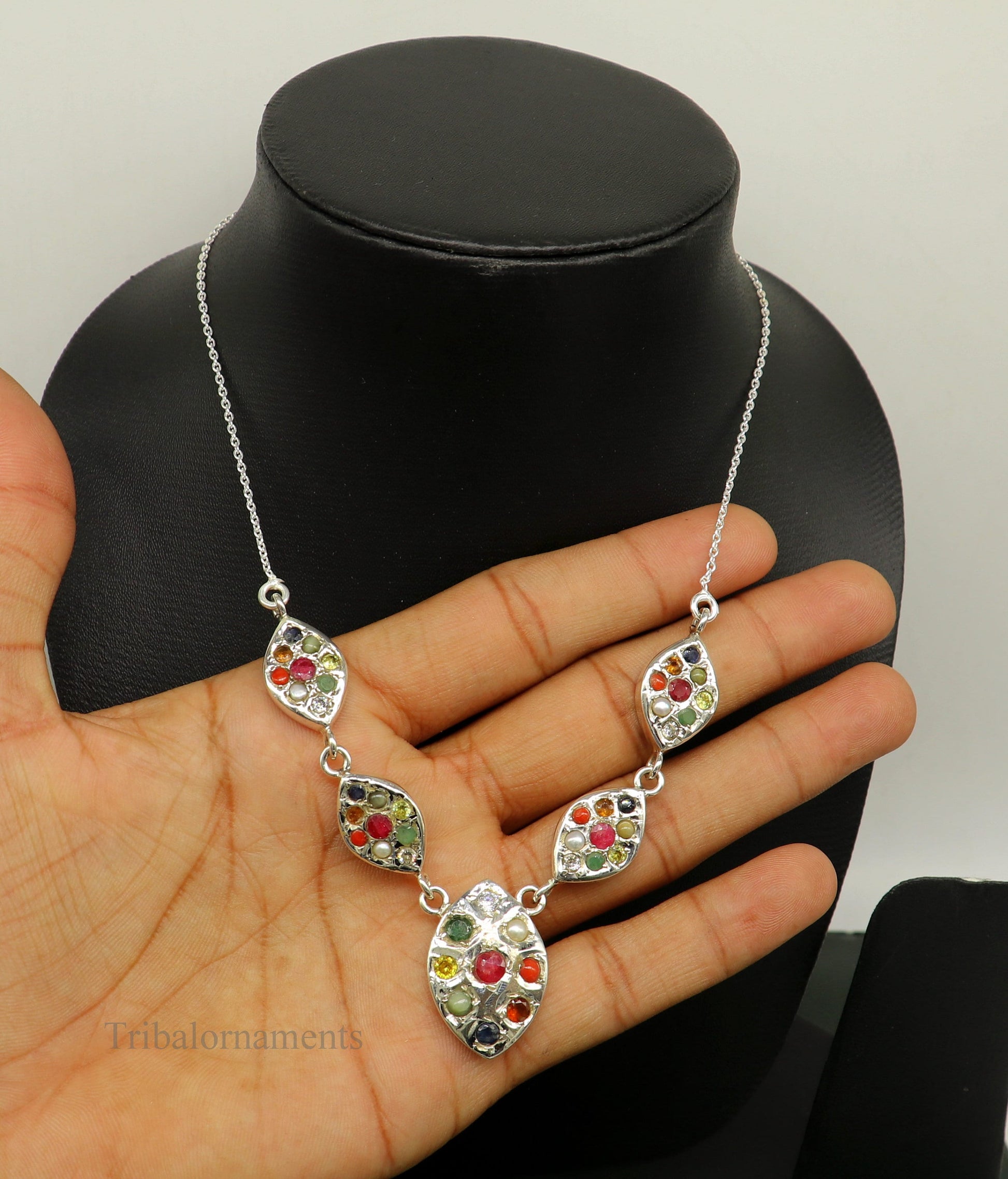 925 sterling silver Navratan stone handmade stylish design necklace, best gifting tribal ethnic jewelry  belly dance choker jewelry nec259 - TRIBAL ORNAMENTS