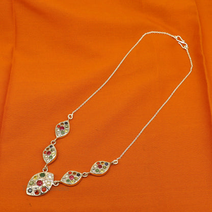 925 sterling silver Navratan stone handmade necklace with tribal and ethnic design, perfect as belly dance or tribal jewelry.