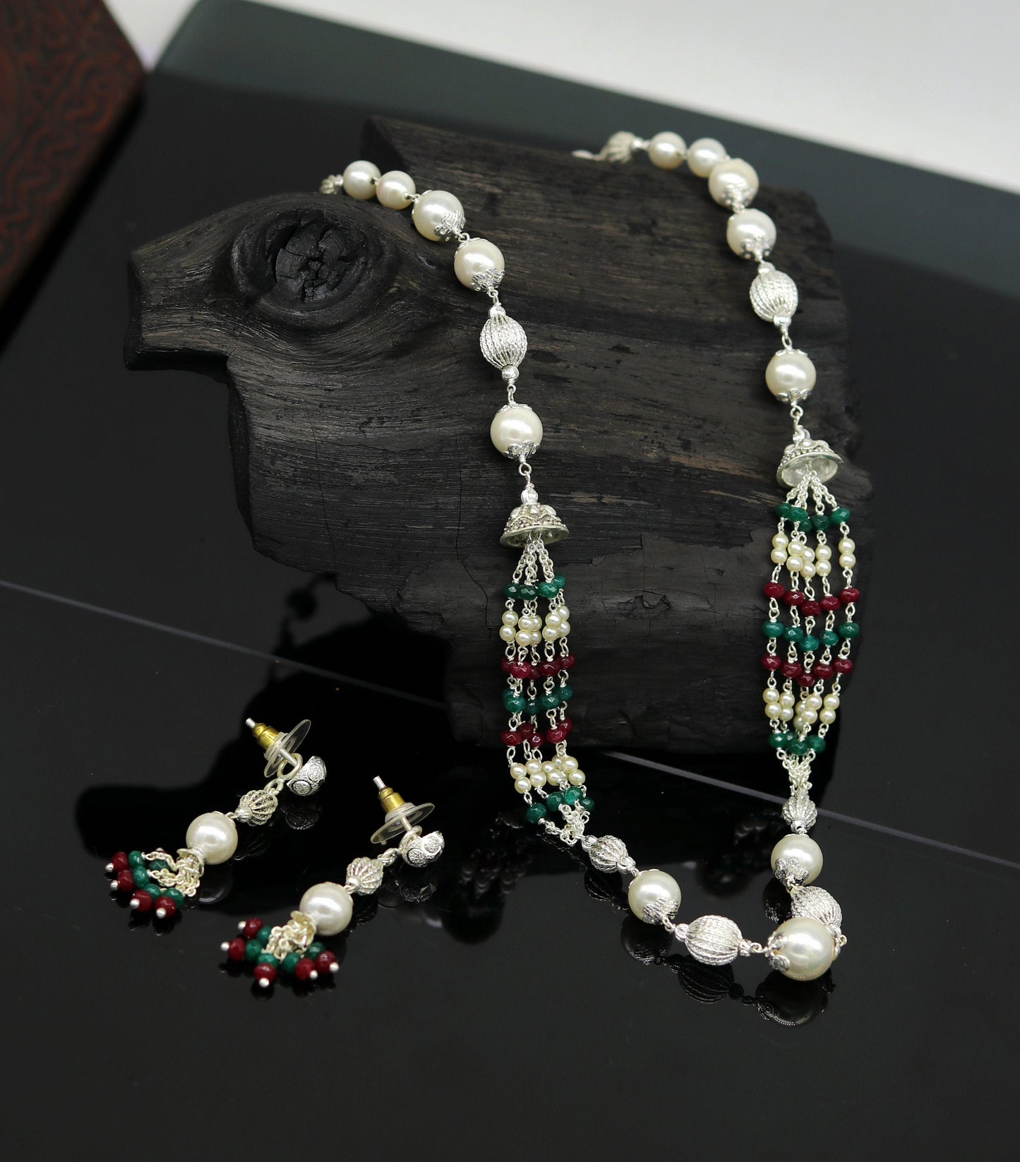 925 Sterling silver pearl beaded necklace with light weight charm, handcrafted beaded jewelry set by TRIBAL ORNAMENTS.