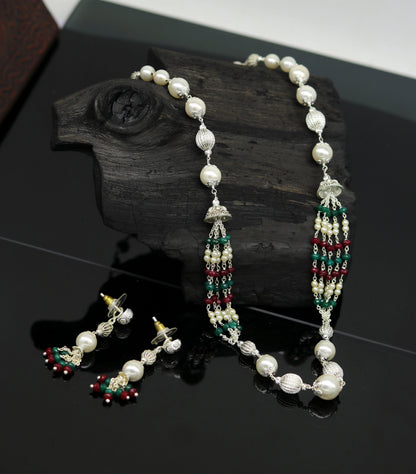 925 Sterling silver pearl beaded necklace with light weight charm, handcrafted beaded jewelry set by TRIBAL ORNAMENTS.