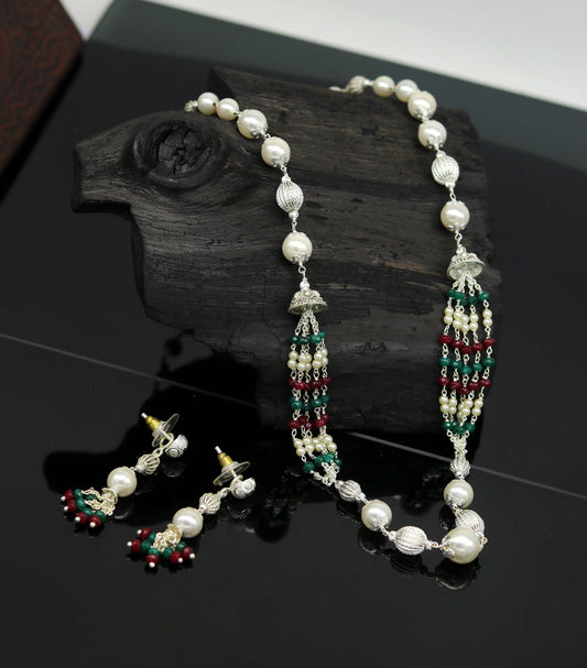 925 Sterling silver pearl beaded necklace with light weight charm, handcrafted beaded jewelry set by TRIBAL ORNAMENTS.