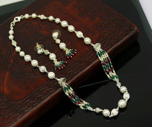 925 Sterling silver pearl beaded necklace by Tribal Ornaments, lightweight handcrafted charm jewelry set with beaded design.