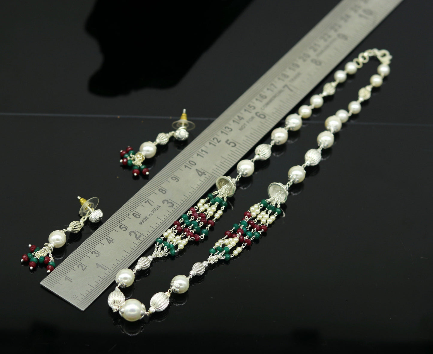 925 Sterling silver pearl beaded necklace with handcrafted charm, lightweight beaded jewelry set by TRIBAL ORNAMENTS