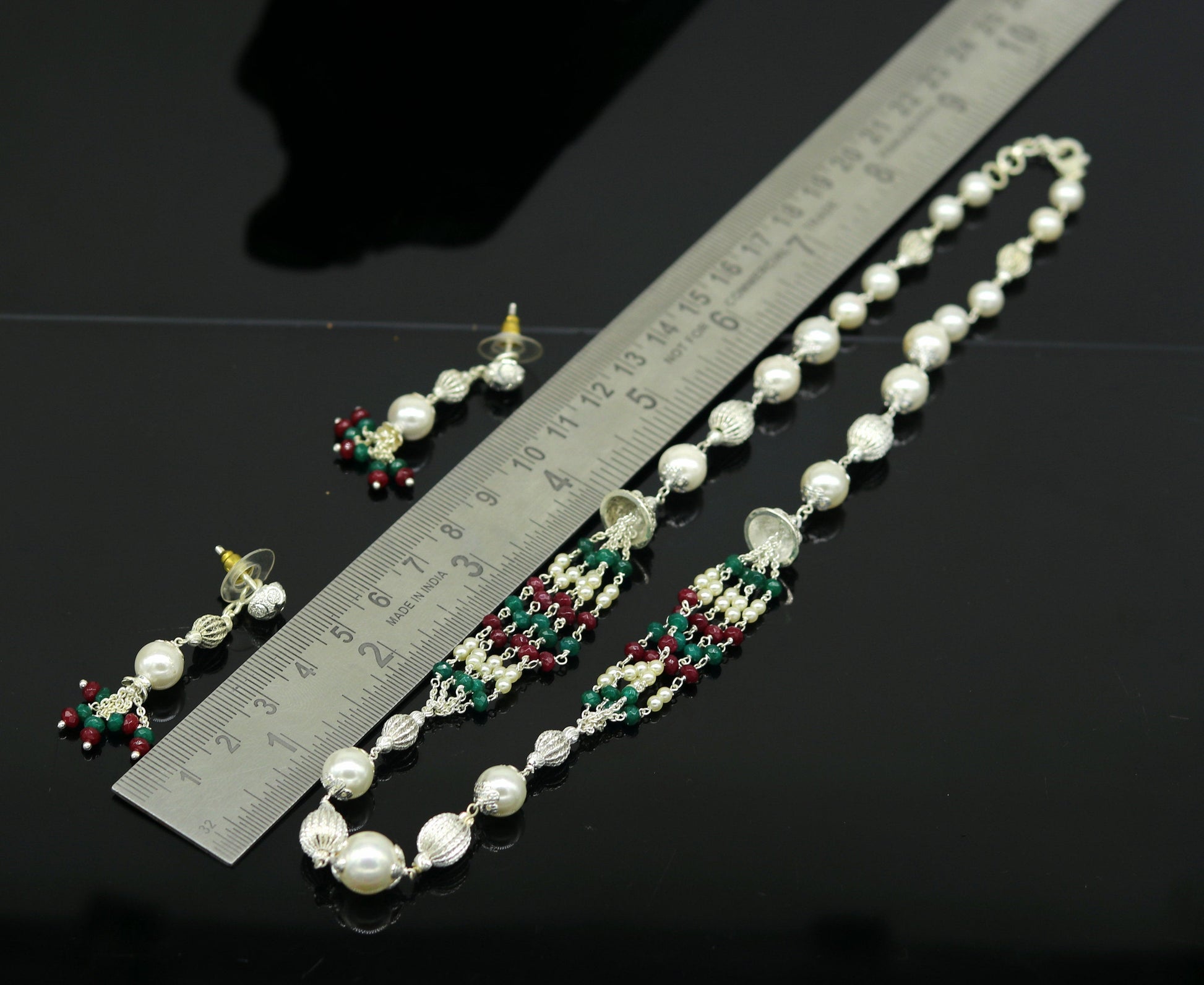 925 Sterling silver pearl beaded necklace with handcrafted charm, lightweight beaded jewelry set by TRIBAL ORNAMENTS