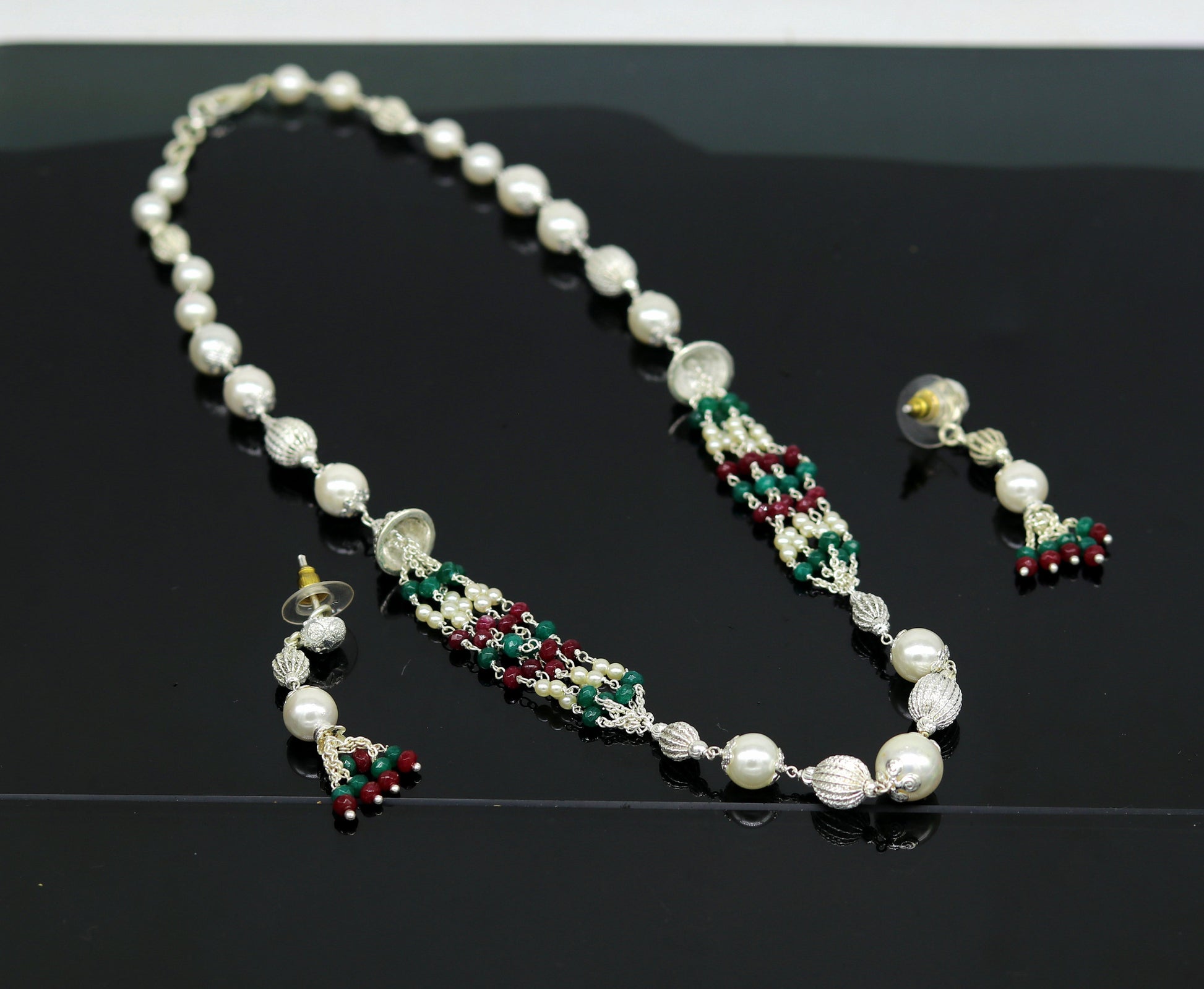 925 Sterling silver pearl beaded necklace with lightweight charm, handcrafted beaded jewelry set by TRIBAL ORNAMENTS.