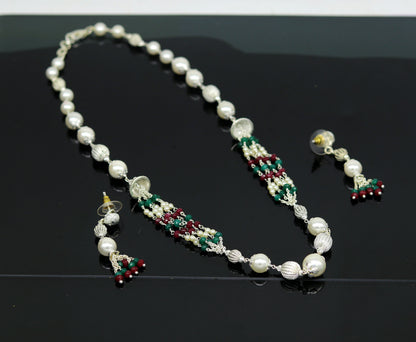925 Sterling silver pearl beaded necklace with lightweight charm, handcrafted beaded jewelry set by TRIBAL ORNAMENTS.