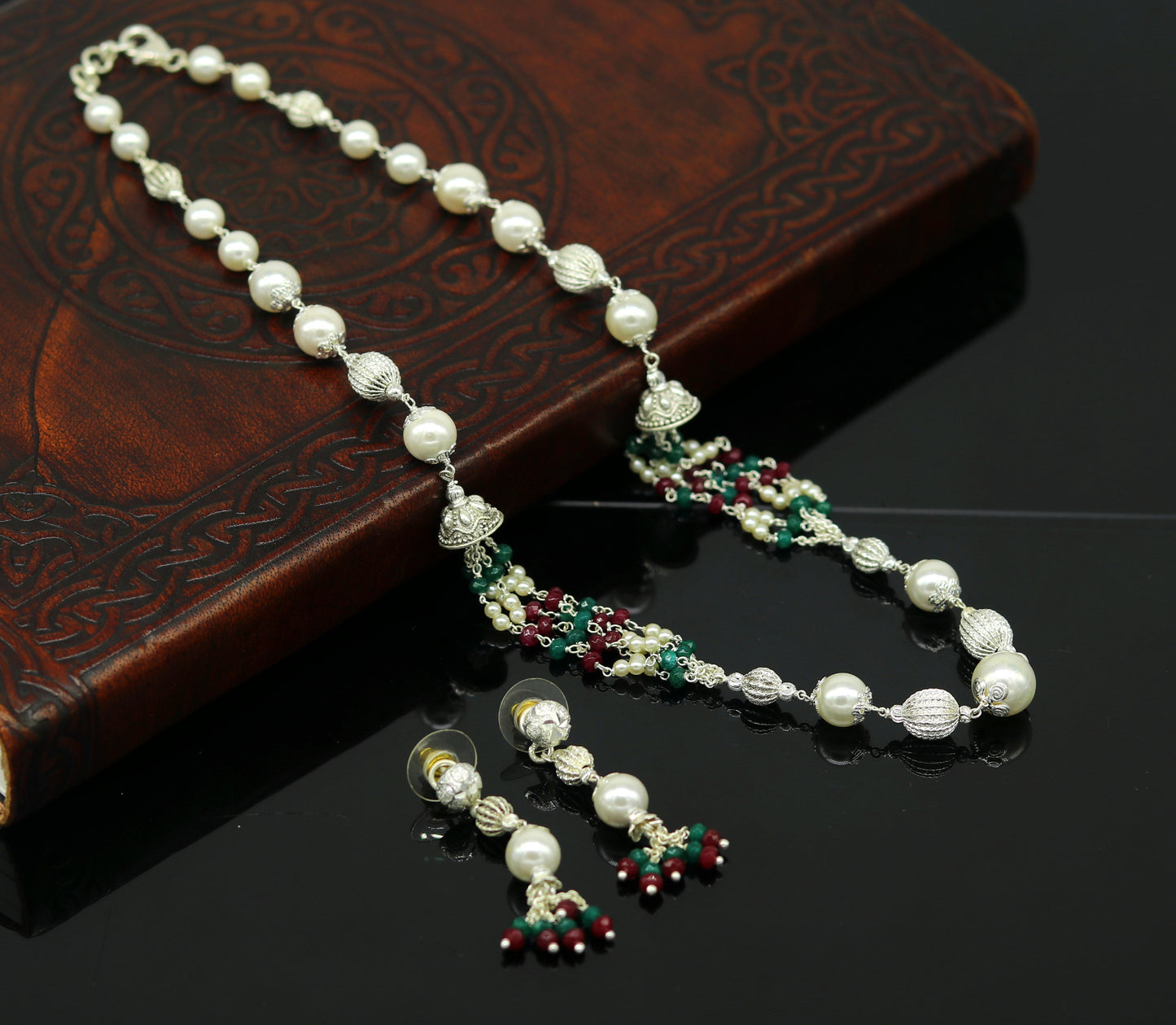 925 Sterling silver pearl beaded necklace with handcrafted charm, lightweight beaded jewelry set from TRIBAL ORNAMENTS.
